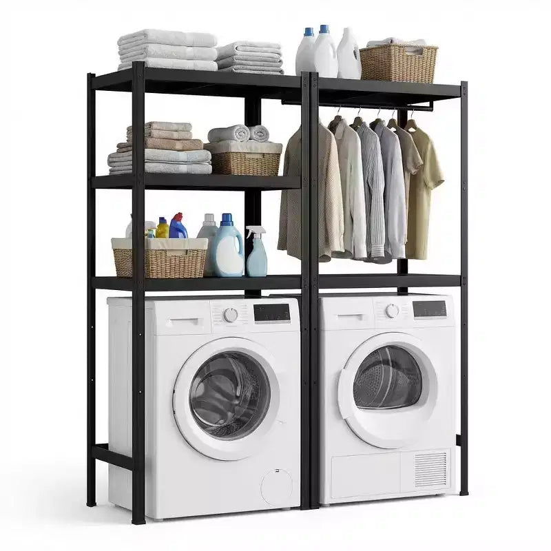 Over Washer and Dryer Storage Shelf, Adjustable 4-Tier Laundry Organizer with Hanging Rods and Hooks for Laundry Room Space Saving