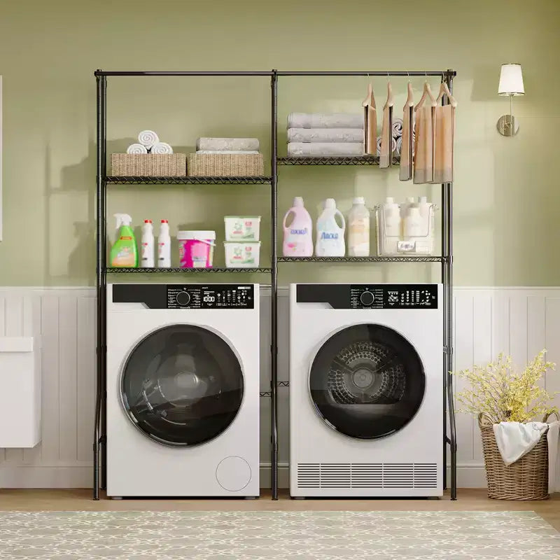 Étagère de rangement au-dessus de la machine à laver et du sèche-linge, organisateur de buanderie réglable à 4 niveaux avec tringles et crochets de suspension pour économiser de l'espace dans la buanderie