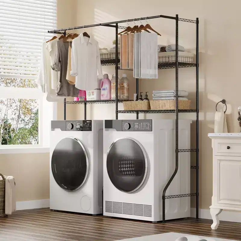 Étagère de rangement au-dessus de la machine à laver et du sèche-linge, organisateur de buanderie réglable à 4 niveaux avec tringles et crochets de suspension pour économiser de l'espace dans la buanderie