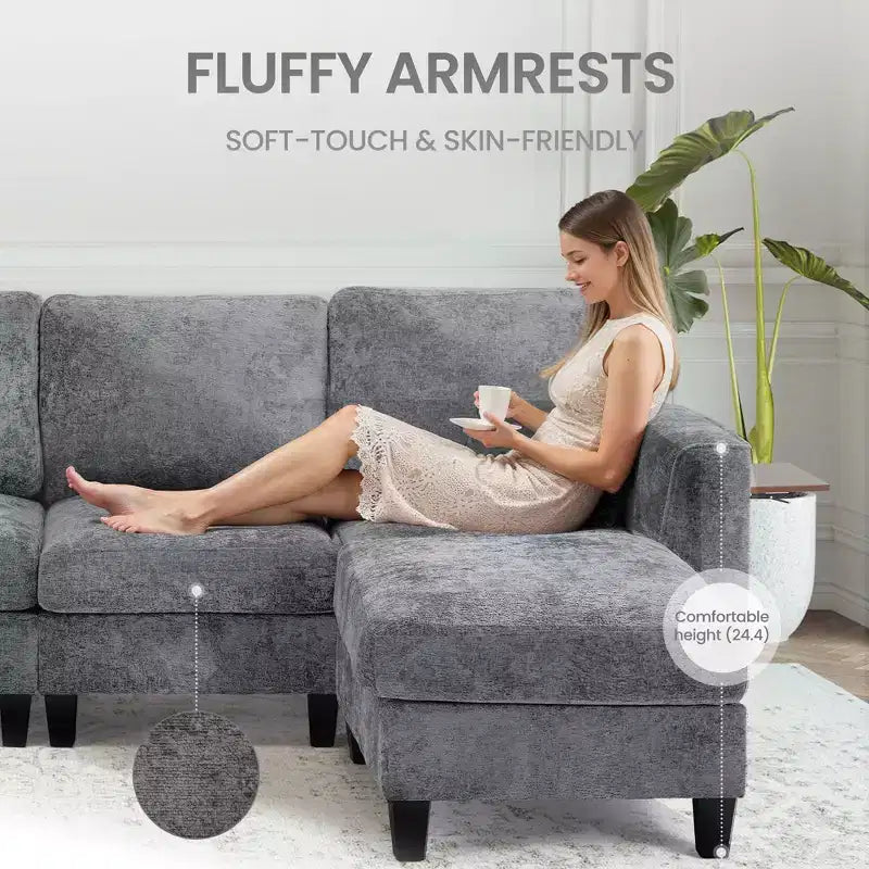 Canapé d'angle modulable 4 places en U Ora Maison 118 avec 2 poufs et table d'appoint pliable