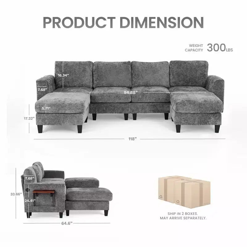 Canapé d'angle modulable 4 places en U Ora Maison 118 avec 2 poufs et table d'appoint pliable