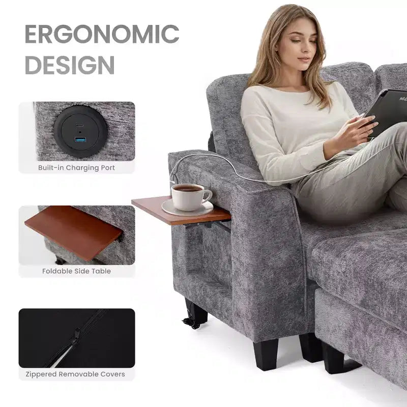 Canapé d'angle modulable 4 places en U Ora Maison 118 avec 2 poufs et table d'appoint pliable