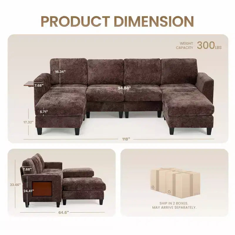 Canapé d'angle modulable 4 places en U Ora Maison 118 avec 2 poufs et table d'appoint pliable