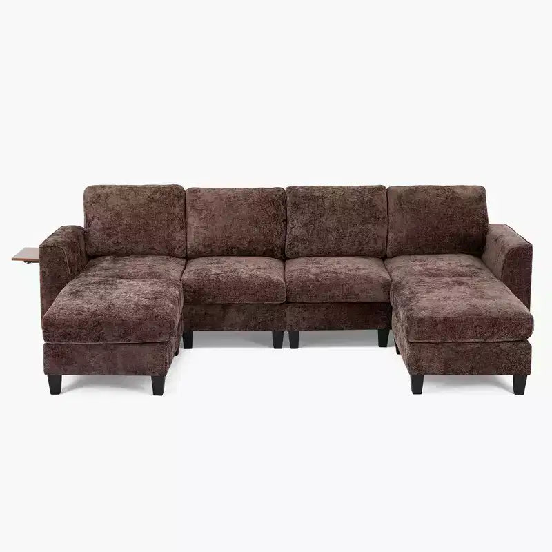 Ora Maison 118 U-Shaped Sectional Sofa, 4-Seat Modular Couch with 2 Ottomans & Foldable Side Table