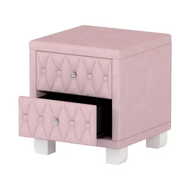 Table de chevet élégante en velours avec 2 tiroirs, table de chevet capitonnée avec poignées en cristal pour chambre ou salon