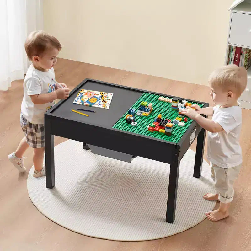 Table d'activités en bois pour enfants, plateau de construction double face, table de jeu multi-activités avec 2 bacs de rangement pour enfants de 3 ans et plus, noir