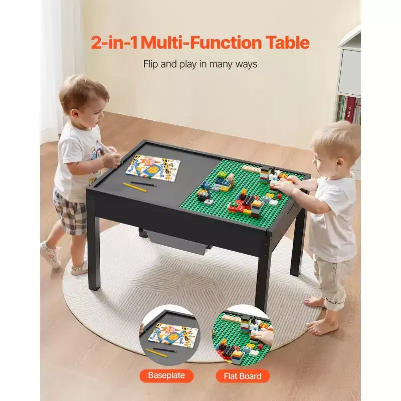 Table d'activités en bois pour enfants, plateau de construction double face, table de jeu multi-activités avec 2 bacs de rangement pour enfants de 3 ans et plus, noir