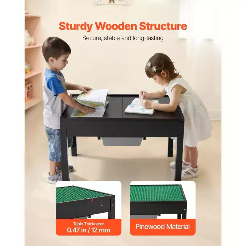 Table d'activités en bois pour enfants, plateau de construction double face, table de jeu multi-activités avec 2 bacs de rangement pour enfants de 3 ans et plus, noir