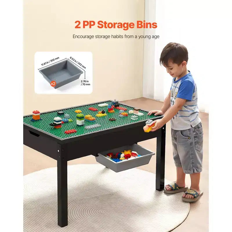 Table d'activités en bois pour enfants, plateau de construction double face, table de jeu multi-activités avec 2 bacs de rangement pour enfants de 3 ans et plus, noir