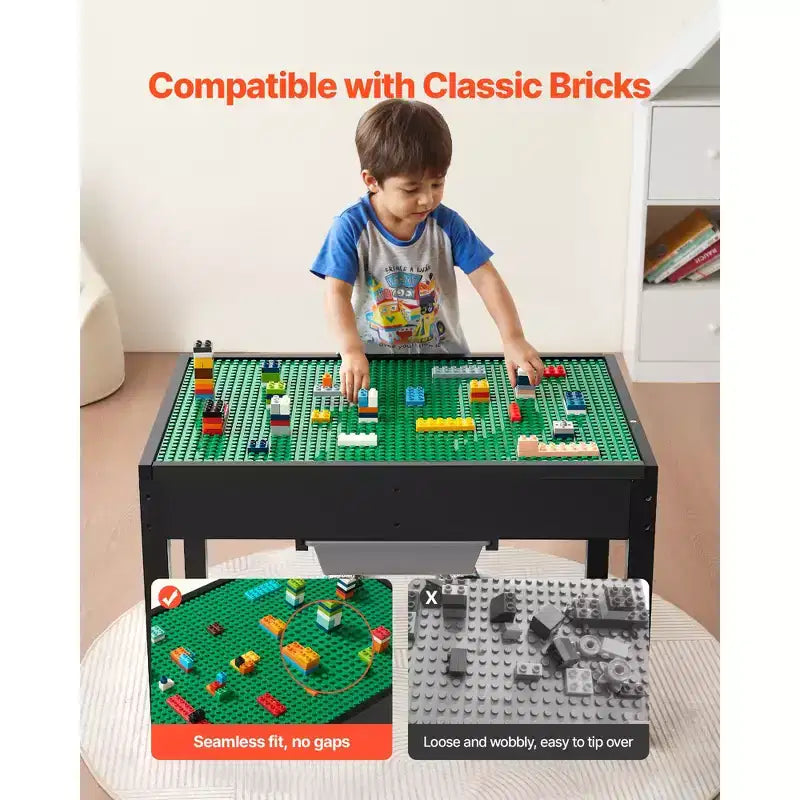 Table d'activités en bois pour enfants, plateau de construction double face, table de jeu multi-activités avec 2 bacs de rangement pour enfants de 3 ans et plus, noir