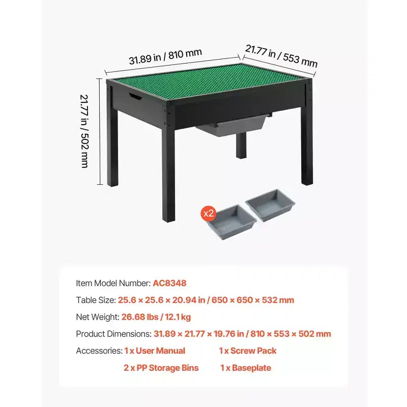 Table d'activités en bois pour enfants, plateau de construction double face, table de jeu multi-activités avec 2 bacs de rangement pour enfants de 3 ans et plus, noir